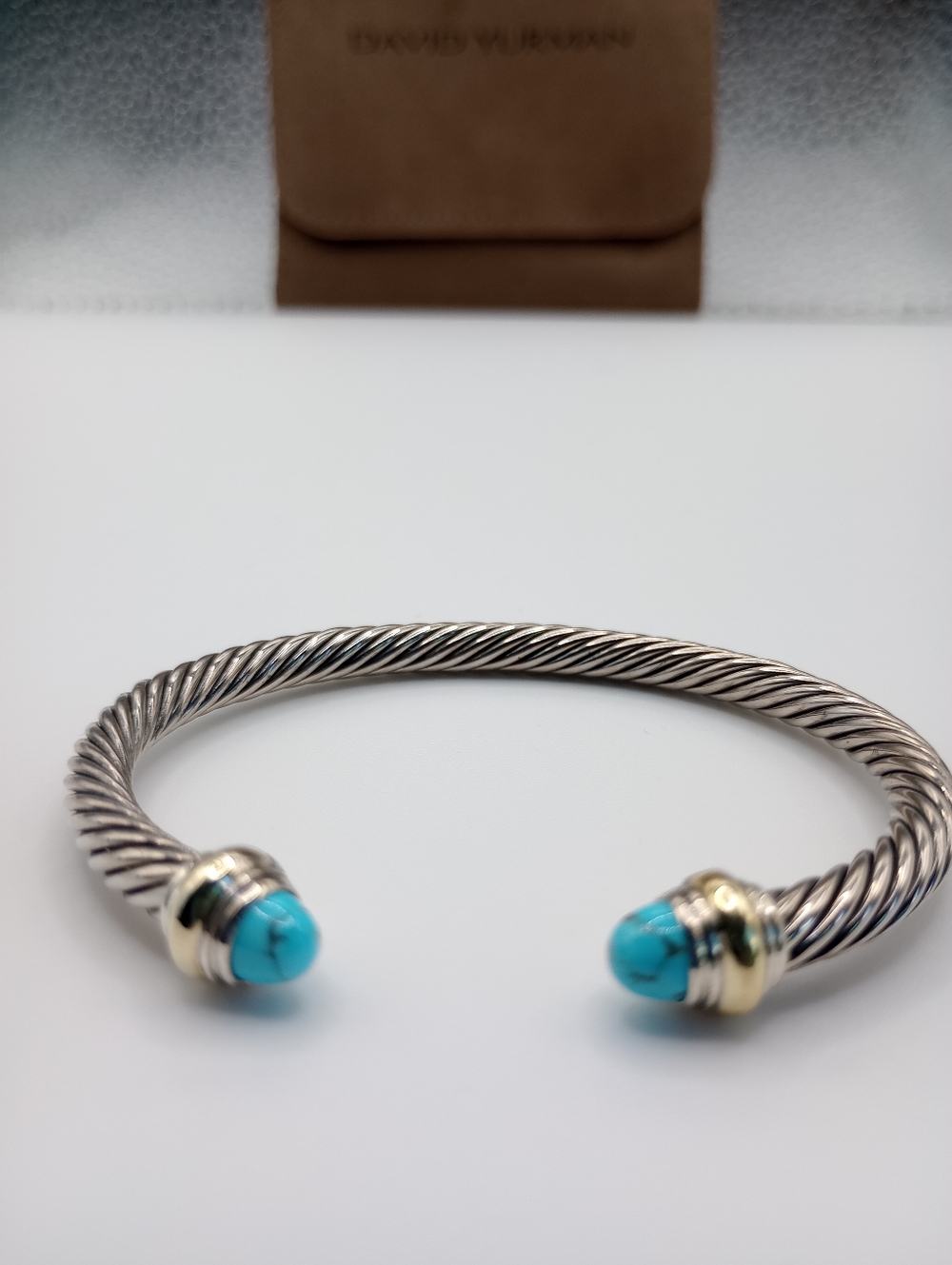 David Yurman 5 mm Silver Cable Cuff with Turquoise and Gold Accents - Picture 3 of 12